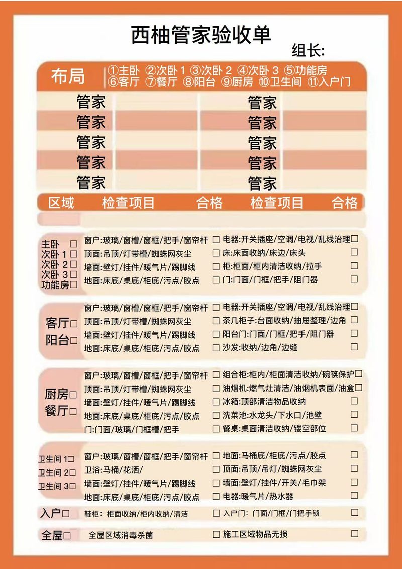 西柚管家验收单全屋逐项验收检查表,含主卧次卧功能房客厅餐厅阳台厨房卫生间入户门各区域窗户顶面墙面地面检查项目与合格勾选框